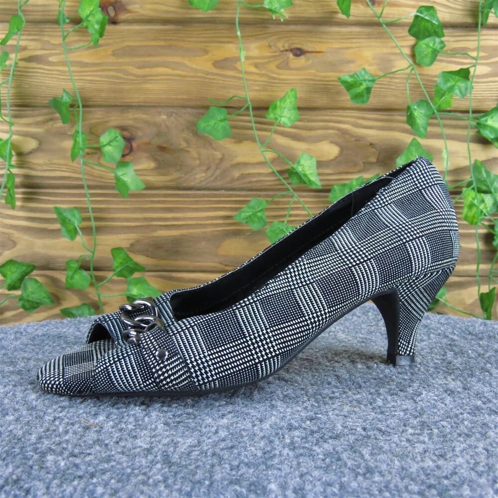 AEROSOLES Black and White Plaid Peep-Toe Kitten Heels